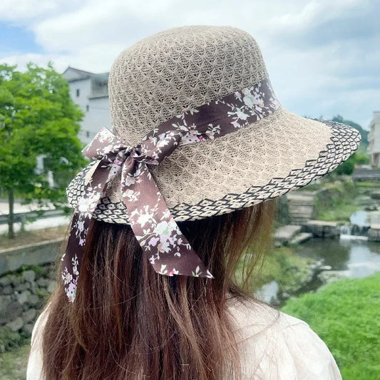 Elegant Wide-Brim Straw Hat – Floral Ribbon Accent for Chic Sun Protection