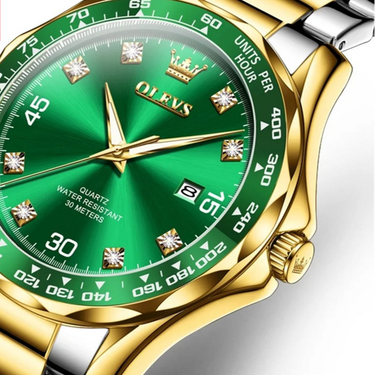Emerald Prestige: Men’s Stainless Steel Quartz Timepiece with Luminous Dial & Water-Resistant Design